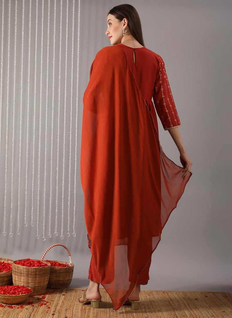 جلو باص طقم كورتا أناركالي نسائي مطرز باللون الصدئي مع بنطلون ودوباتا جوتا باتي - Image 4